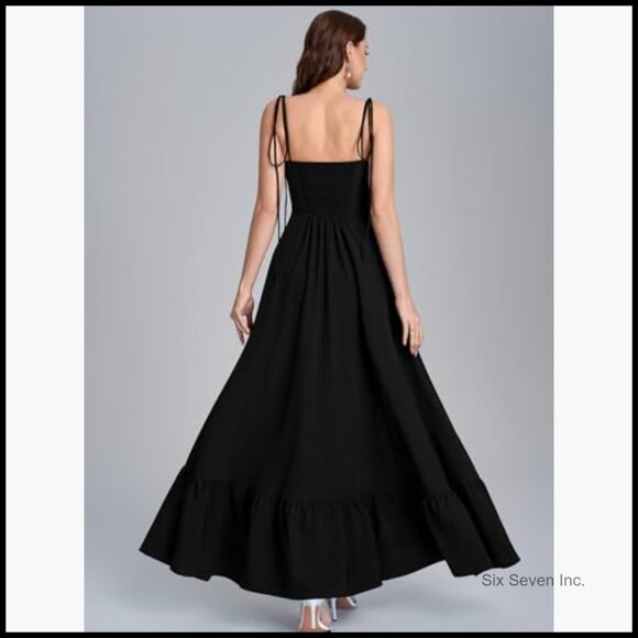 Spaghetti Strap Smocked Back Maxi Dress Flowy A-Line Ruffle Beach Wedding Guest - Picture 2 of 7